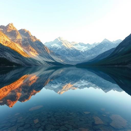 A clear mountain lake reflecting surrounding peaks.