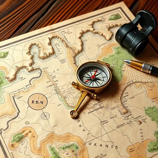 A compass and a topographic map laid out on a wooden table