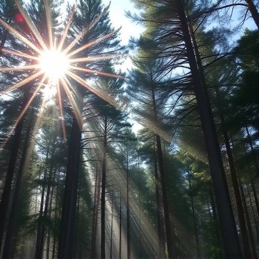 A dense forest of tall pine trees with sunlight filtering through the canopy