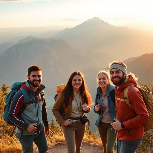 A diverse group of hikers enjoying a scenic mountain vista.