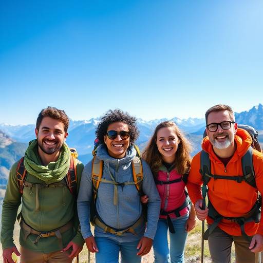 A diverse group of hikers of varying ages and abilities smiling on a scenic mountain trail, with clear blue skies overhead.