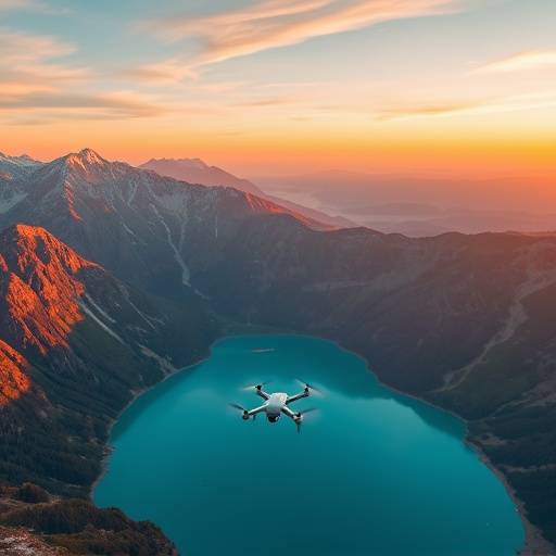 A drone shot of a majestic mountain range with a turquoise lake in the foreground.