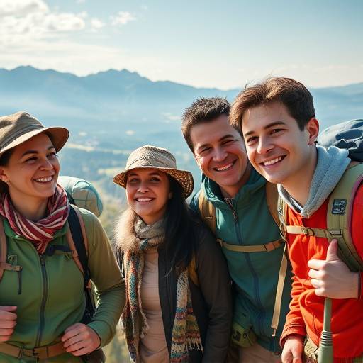 A group of diverse hikers smiling and looking at a scenic vista, representing the community aspect of trekking.