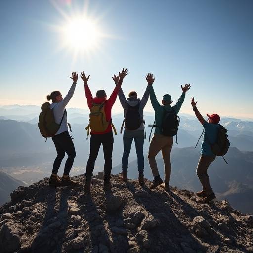 A group of hikers celebrating on a mountain summit