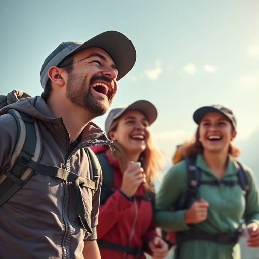 A group of hikers laughing and resting by a clear mountain stream.