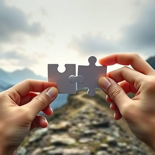 A hand placing a piece of a jigsaw puzzle depicting a winding mountain path into place, symbolizing problem-solving and completion.