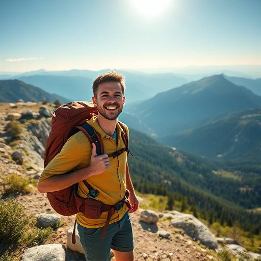 A happy hiker taking in a mountain panorama, illustrating the joy of outdoor pursuits