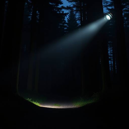 A headlamp with fresh batteries illuminating a dark path