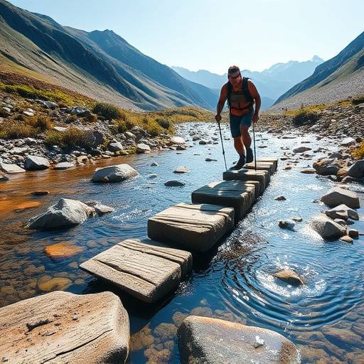A hiker carefully crossing a shallow mountain stream on stepping stones.