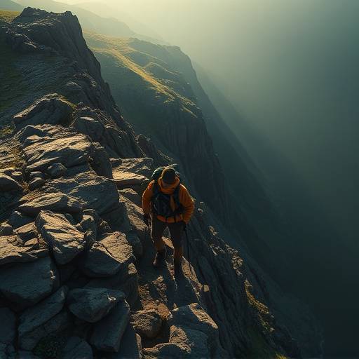 A hiker navigating a rocky ridge with a steep drop-off on one side.