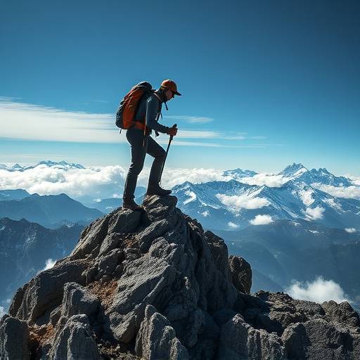 A hiker reaching the summit of a mountain, symbolizing achievement and the rewards of perseverance.