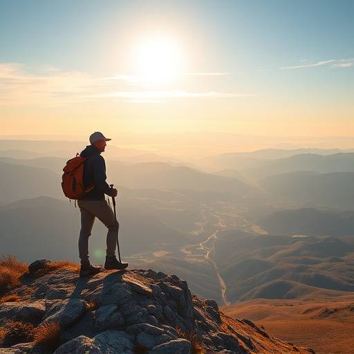 A hiker standing on a mountain summit with a panoramic view of valleys below.