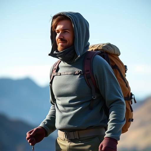 A hiker wearing a moisture-wicking base layer shirt and a fleece mid-layer