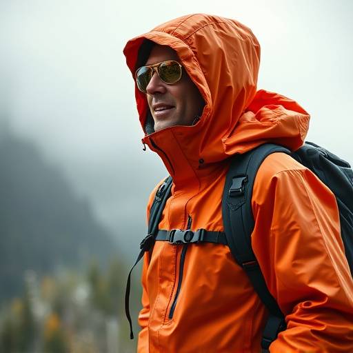 A hiker wearing a waterproof and windproof outer shell jacket