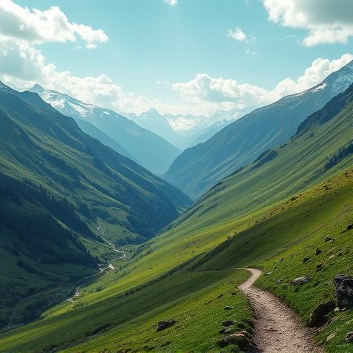 A lush green valley with a winding trail leading towards snow-capped mountains