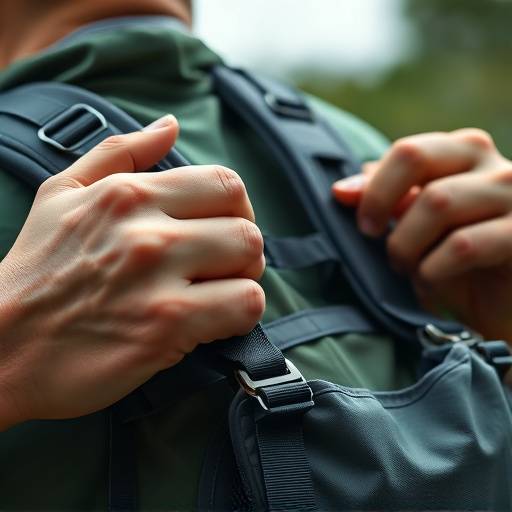 A person adjusting the straps of a modern hiking backpack.