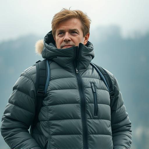 A person putting on a lightweight, packable insulated jacket