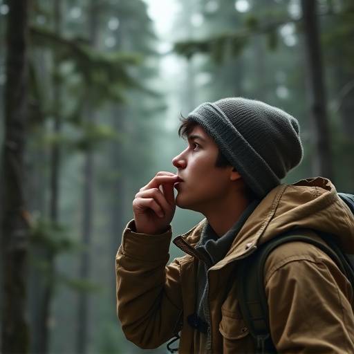 A person using a whistle to signal for help in a wilderness setting