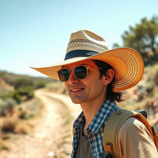 A person wearing a wide-brimmed hat and sunglasses on a sunny trail