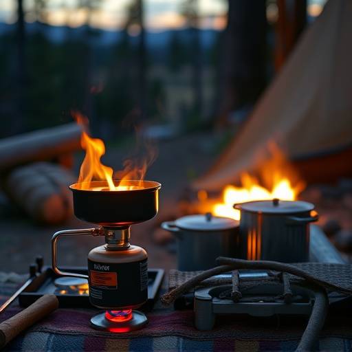 A portable camping stove with a fuel canister and cookware