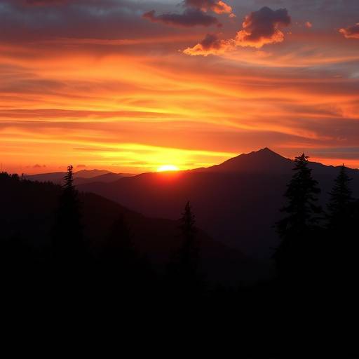 A vibrant sunset over a mountain landscape, with silhouetted trees in the foreground.