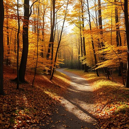A winding forest trail covered in autumn leaves with sunlight filtering through the trees.