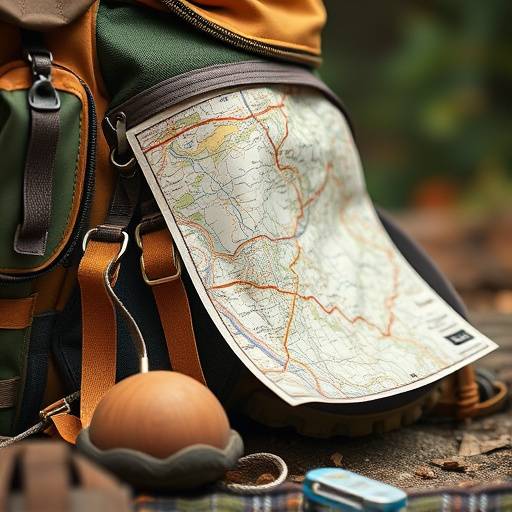 Close-up of a backpack with hiking boots and a map, representing the essential gear for an adventure.