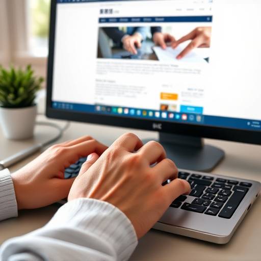 Close-up of a person's hands using a keyboard to navigate a website on a computer screen.