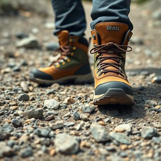 Close-up of hiking boots on a rocky trail.