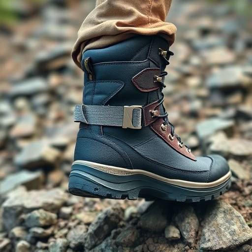 Close-up of sturdy hiking boots with good ankle support on a rocky trail