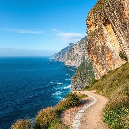 Coastal path with dramatic cliffs overlooking a blue ocean