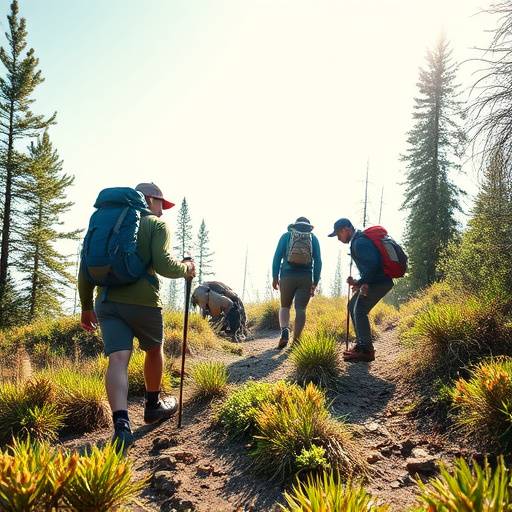 Hikers participating in a trail clean-up activity.