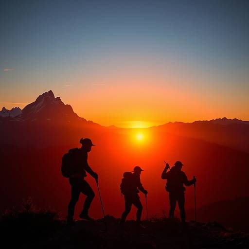 Hikers silhouetted against a sunrise on a mountain peak.