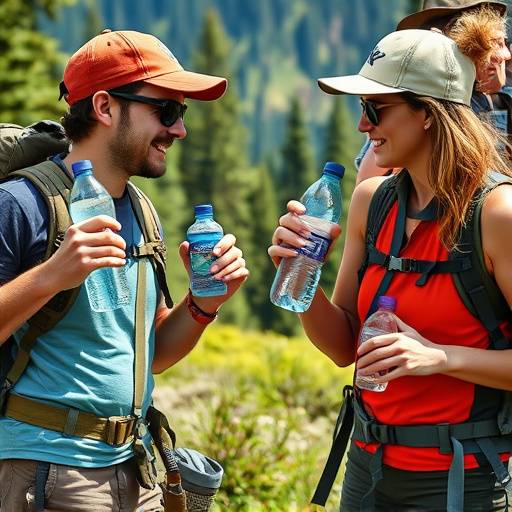 Hikers using reusable water bottles.