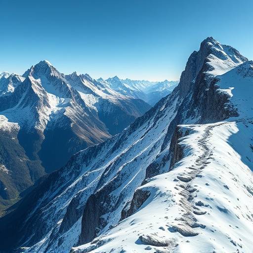Jagged, snow-covered mountain range with a challenging trail visible on a ridge