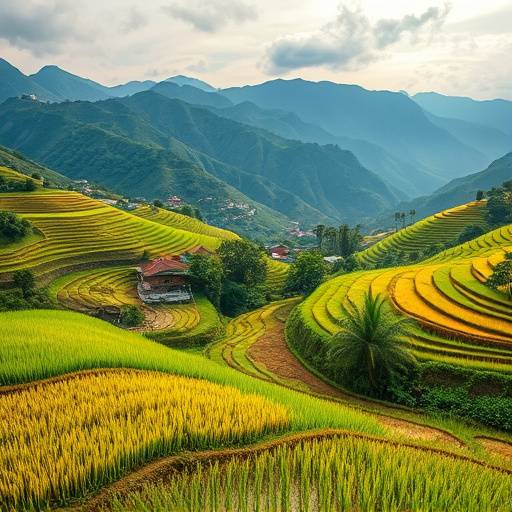 Lush green terraced rice paddies on a mountainside with a small village in the distance