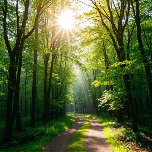Peaceful forest path with sunlight filtering through lush green trees