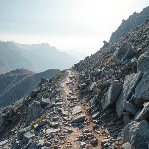 Rugged, rocky terrain with a narrow trail winding up a steep mountain slope