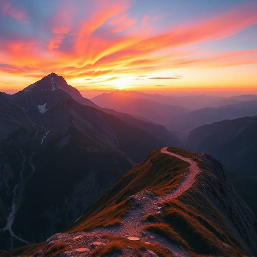 Scenic mountain vista with a winding trail and vibrant sky