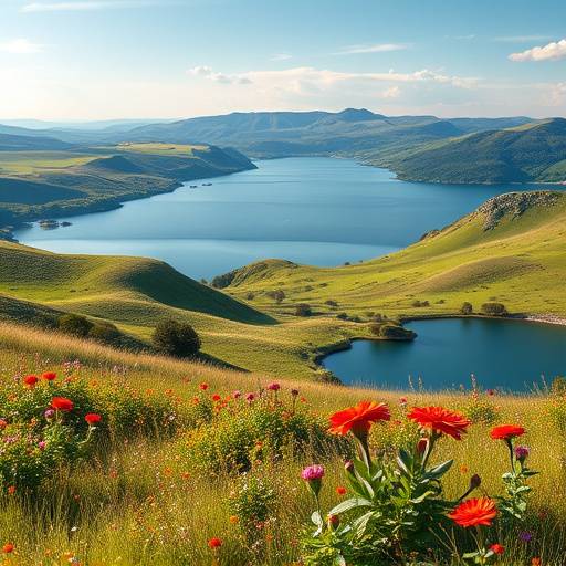 Serene lake surrounded by rolling hills and vibrant wildflowers