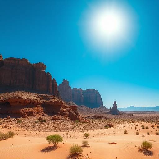 Vast, arid desert landscape with dramatic rock formations under a clear blue sky