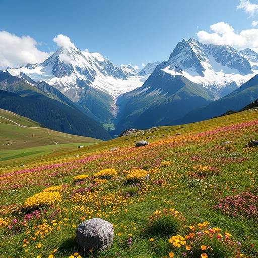 Vibrant green alpine meadow with towering snow-capped peaks in the background